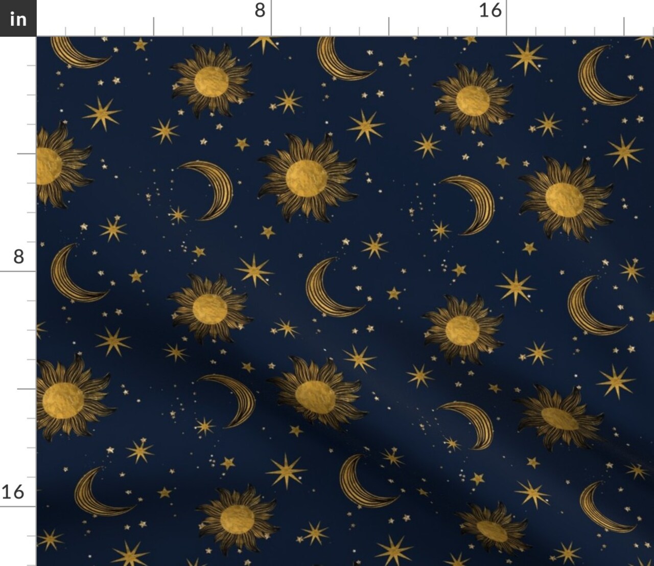 Night Sky Blue Yellow Sun Moon Stars Gothic Space Custom Printed Fabric by Spoonflower Various Fabrics by the Yard or Fat Quarter
